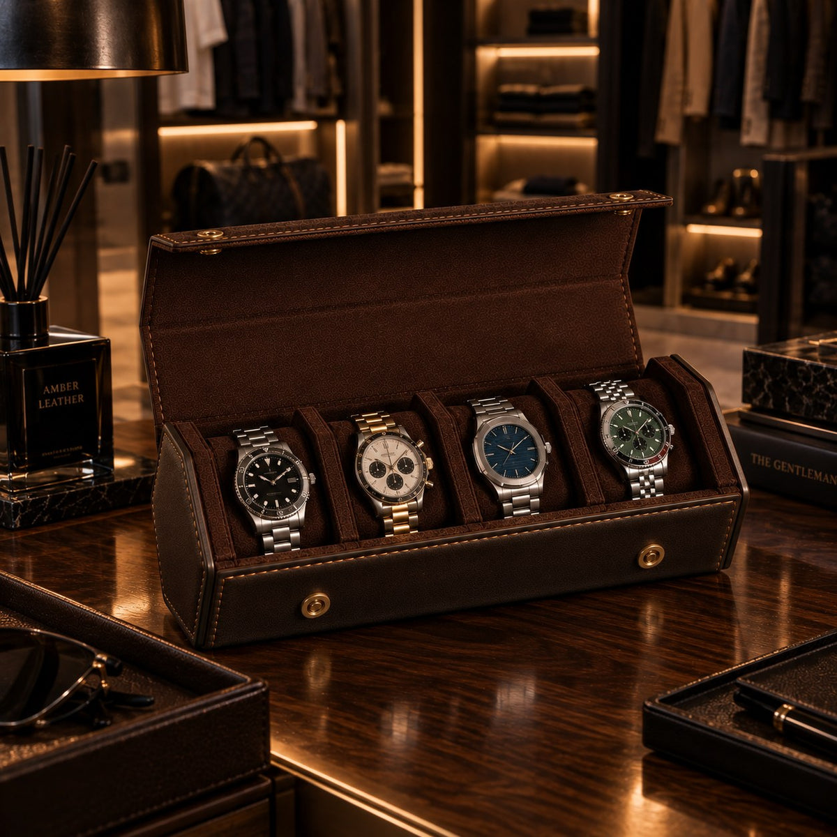 Étui de voyage 4 montres en cuir ouvert dans un dressing aux étagères rétroéclairées – Complications Paris