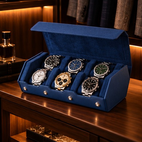 Étui Rouleau Hexagonal 6 Montres, Bleu, mise en situation dans un dressing