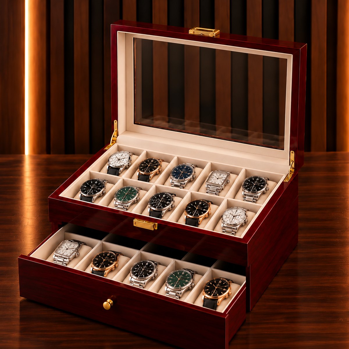 Boîte à Montres 20 Emplacements – Laqué Bordeaux