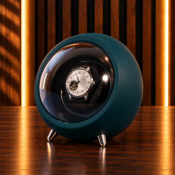 Remontoir Montre Automatique 1 Place – Design Rond – sphère vert sapin avec hublot vitré, vue produit sur fond studio