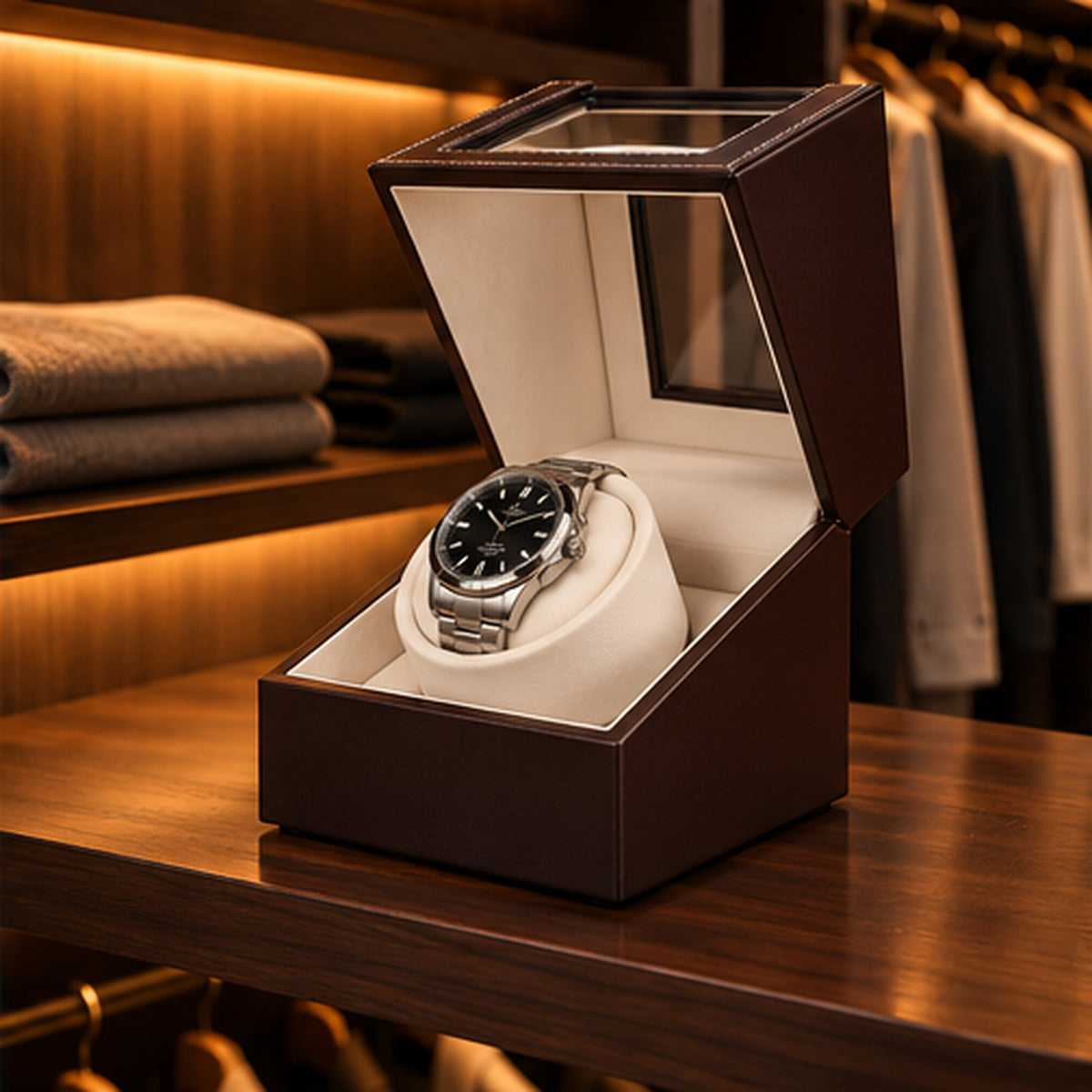 Remontoir Montre Automatique 1 Place – Cuir – écrin ouvert sur une étagère de dressing