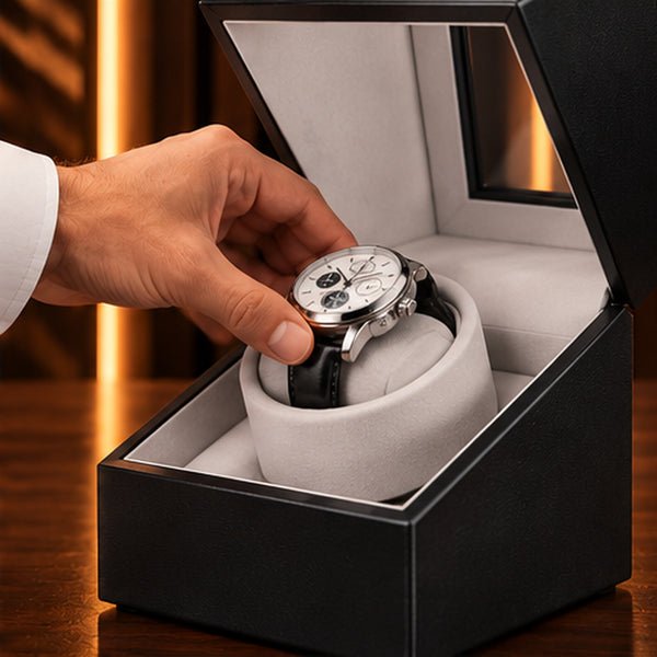 Remontoir Montre Automatique 1 Place – Cuir – main déposant une montre sur le coussin