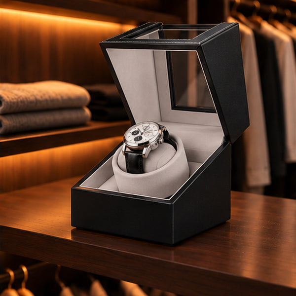 Remontoir Montre Automatique 1 Place – Cuir – écrin ouvert sur une étagère de dressing