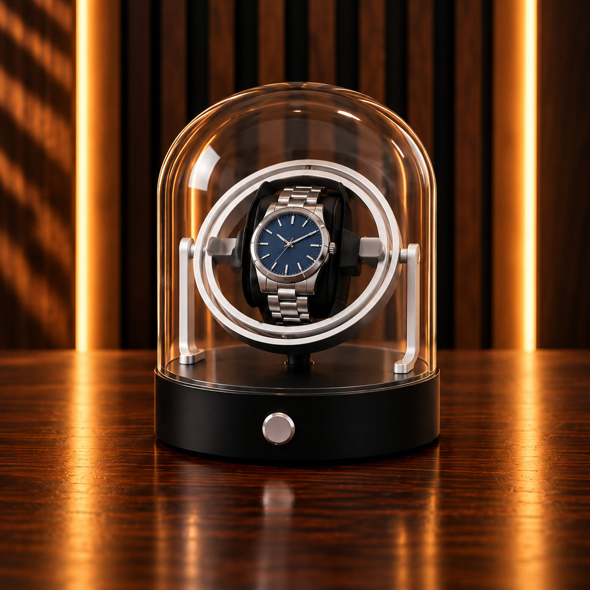 Remontoir Montre Gyroscopique 1 Place – Cloche en Verre – cloche en verre, anneau gyroscopique argent et montre en acier, vue de face