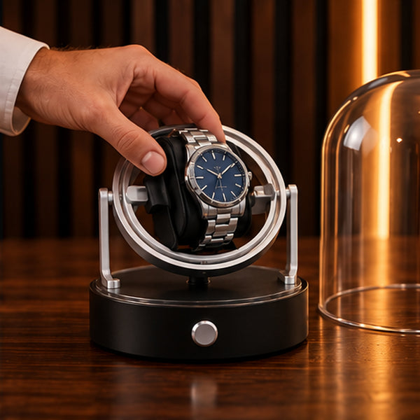 Remontoir Montre Gyroscopique 1 Place – Cloche en Verre – main installant une montre sur le support, cloche en verre retirée