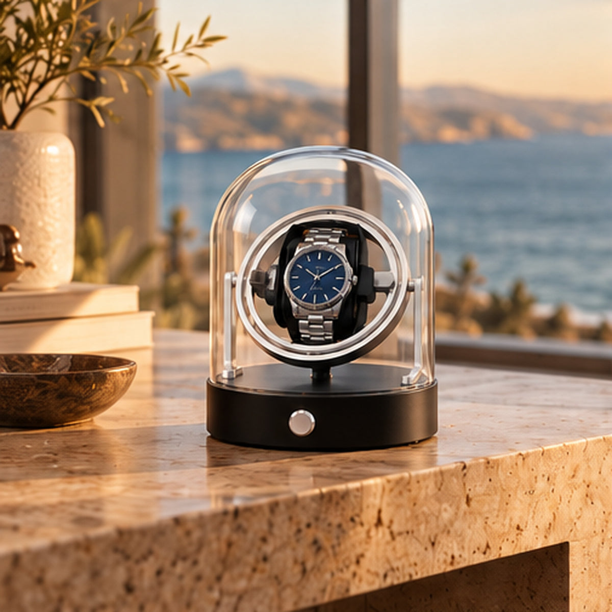 Remontoir Montre Gyroscopique 1 Place – Cloche en Verre – posé sur un plan en granit devant une baie vitrée avec vue mer