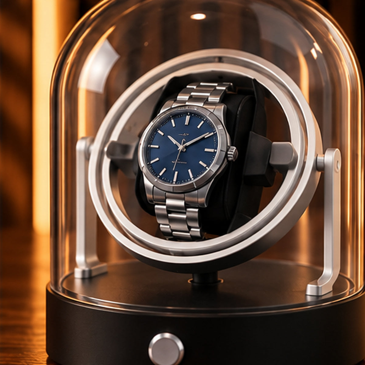 Remontoir Montre Gyroscopique 1 Place – Cloche en Verre – gros plan sur la montre et l'anneau gyroscopique argent