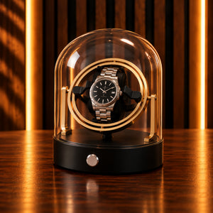 Remontoir Montre Gyroscopique 1 Place – Cloche en Verre – cloche en verre, anneau gyroscopique doré et montre en acier, vue de face