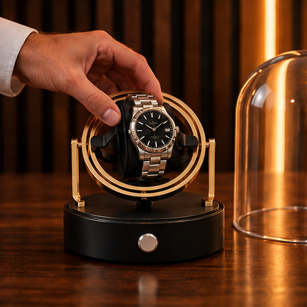 Remontoir Montre Gyroscopique 1 Place – Cloche en Verre – main installant une montre sur le support, cloche en verre retirée