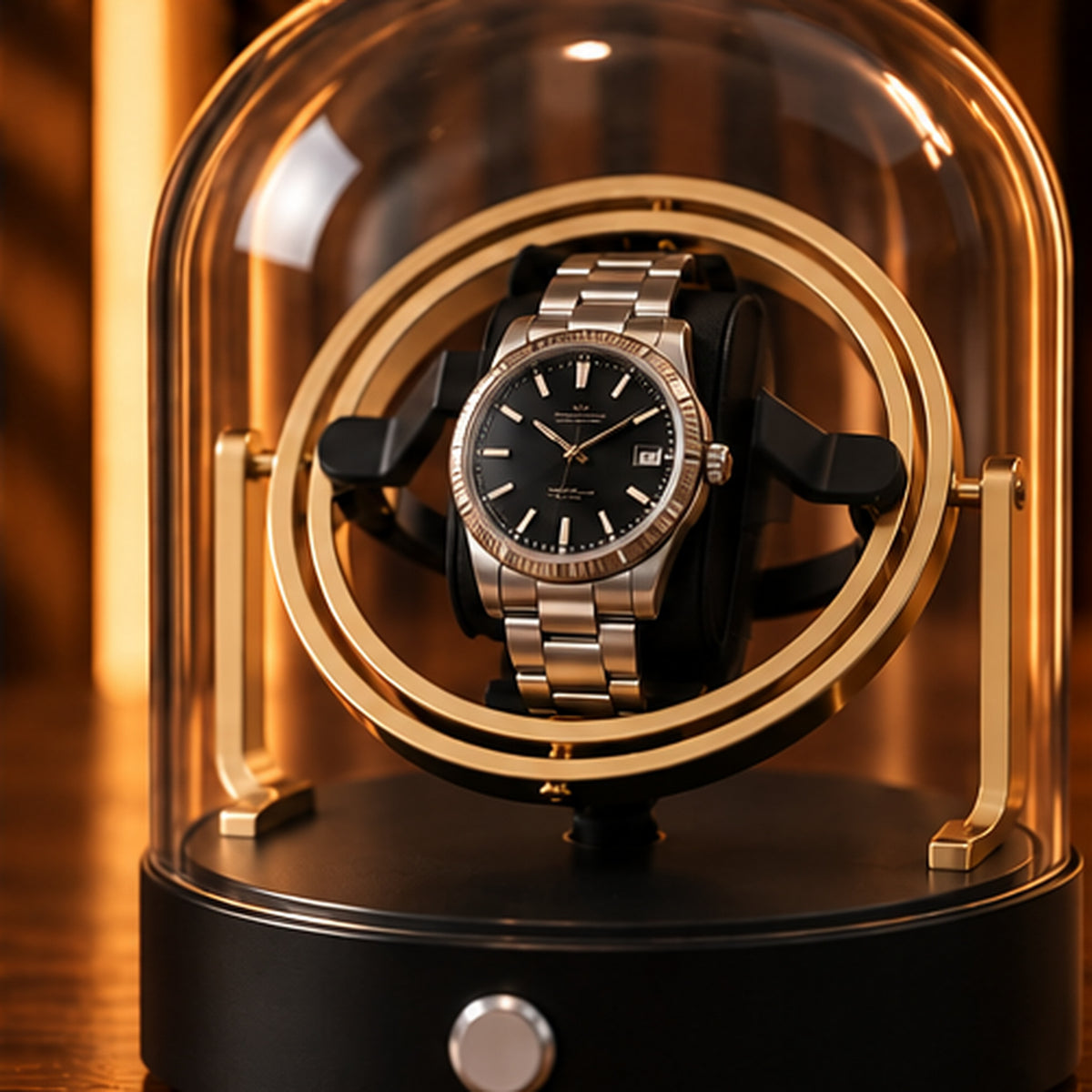 Remontoir Montre Gyroscopique 1 Place – Cloche en Verre – gros plan sur la montre et l'anneau gyroscopique doré