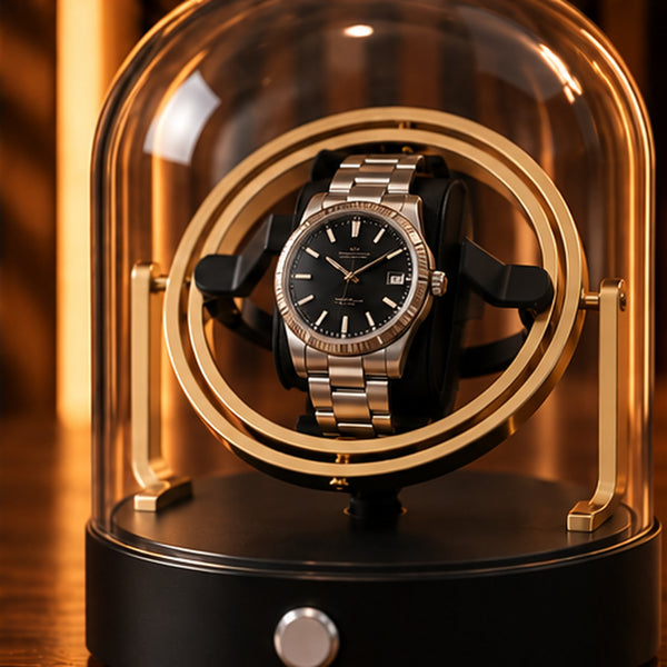 Remontoir Montre Gyroscopique 1 Place – Cloche en Verre – gros plan sur la montre et l'anneau gyroscopique doré
