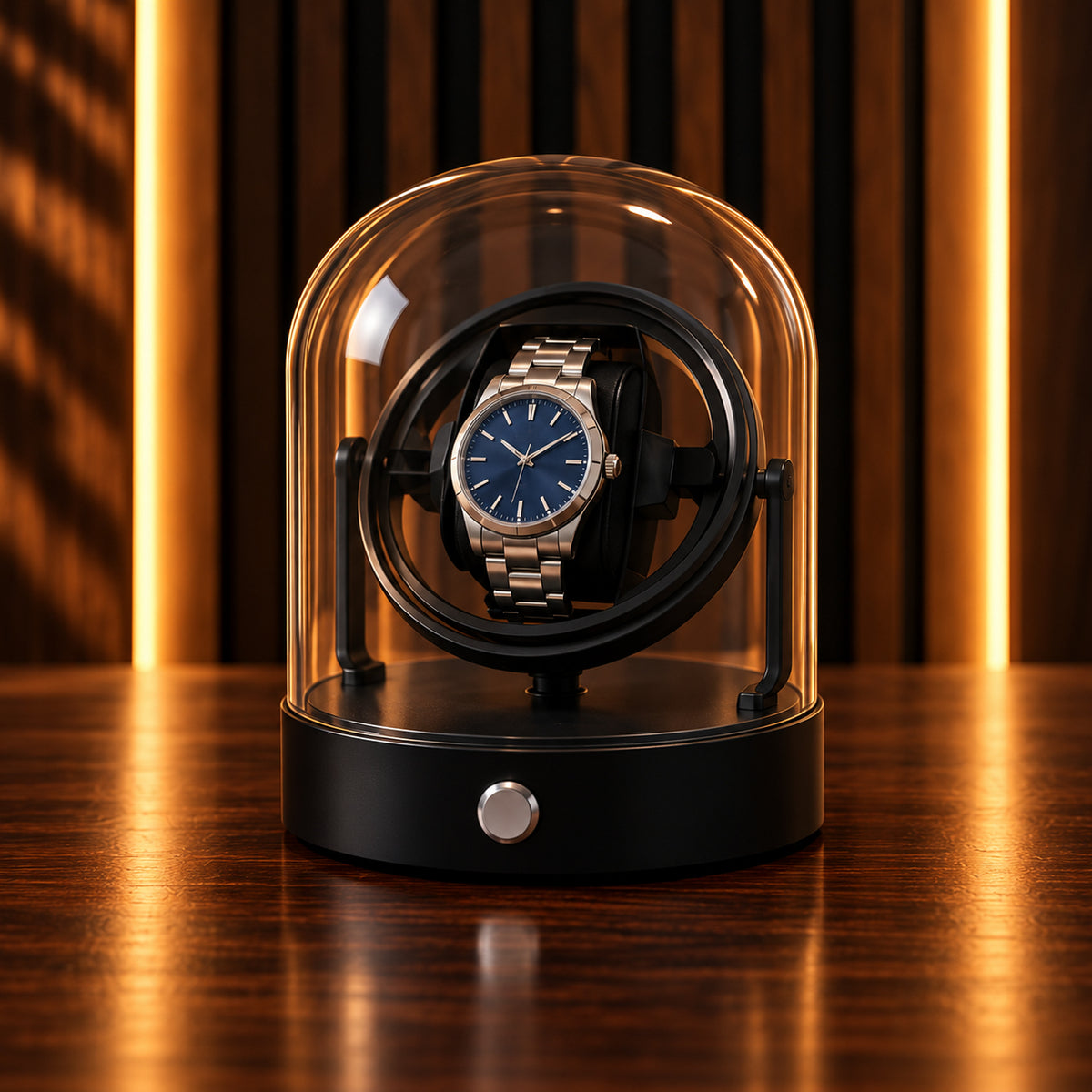 Remontoir Montre Gyroscopique 1 Place – Cloche en Verre – cloche en verre, anneau gyroscopique noir et montre en acier, vue de face