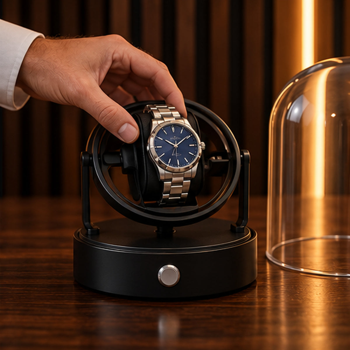 Remontoir Montre Gyroscopique 1 Place – Cloche en Verre – main installant une montre sur le support, cloche en verre retirée