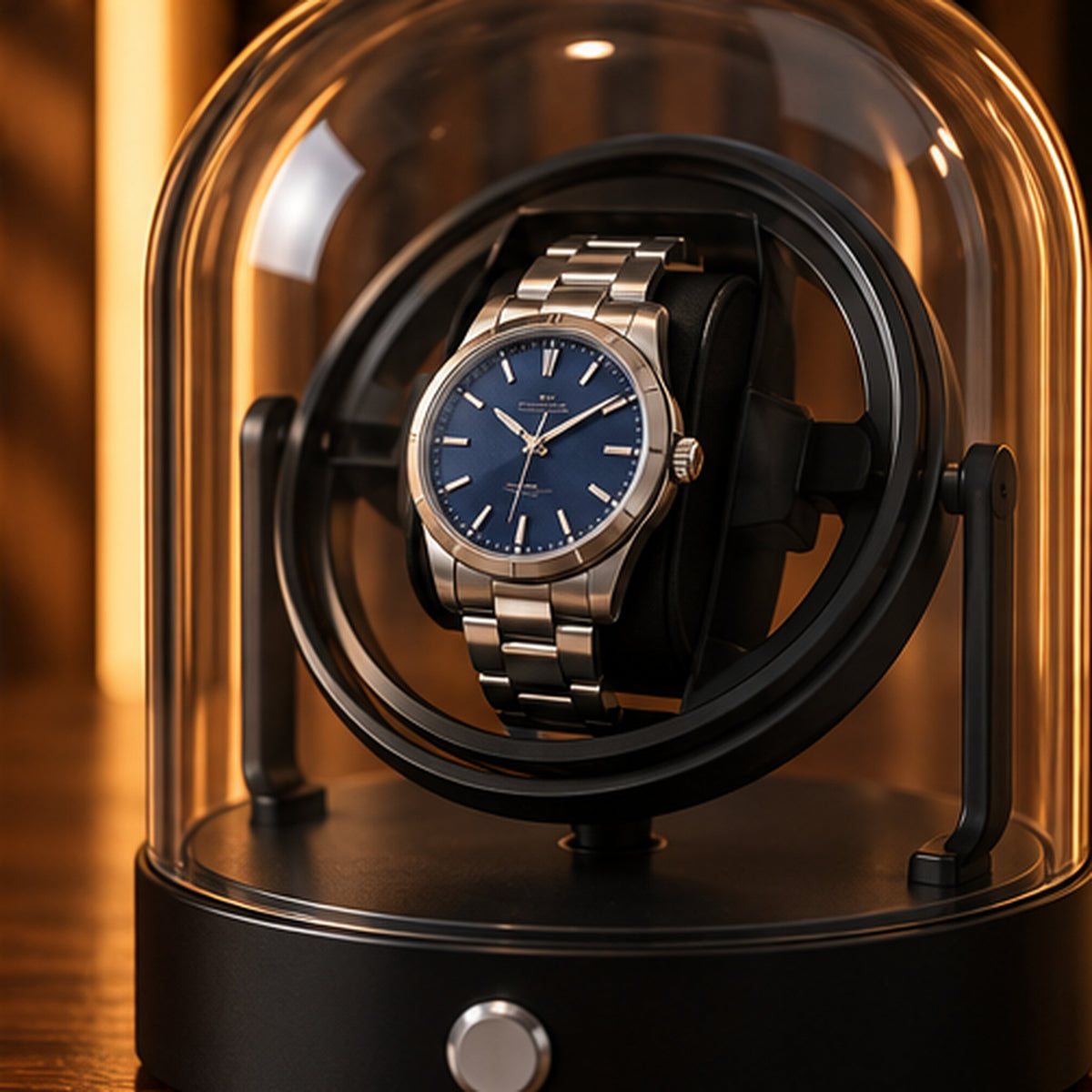Remontoir Montre Gyroscopique 1 Place – Cloche en Verre – gros plan sur la montre et l'anneau gyroscopique noir