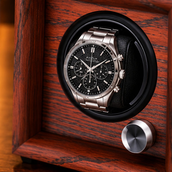 Remontoir Montre Automatique 1 Place – Bois & LED – gros plan sur la montre et le bouton de réglage chromé
