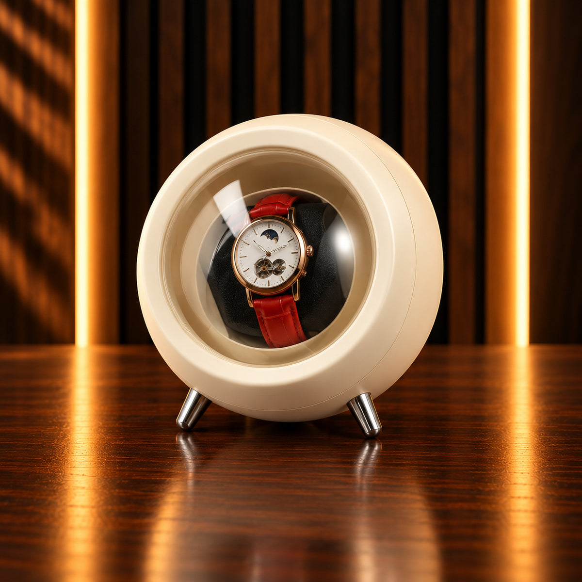 Remontoir Montre Automatique 1 Place – Design Rond – sphère blanche avec hublot vitré, montre automatique sur son coussin