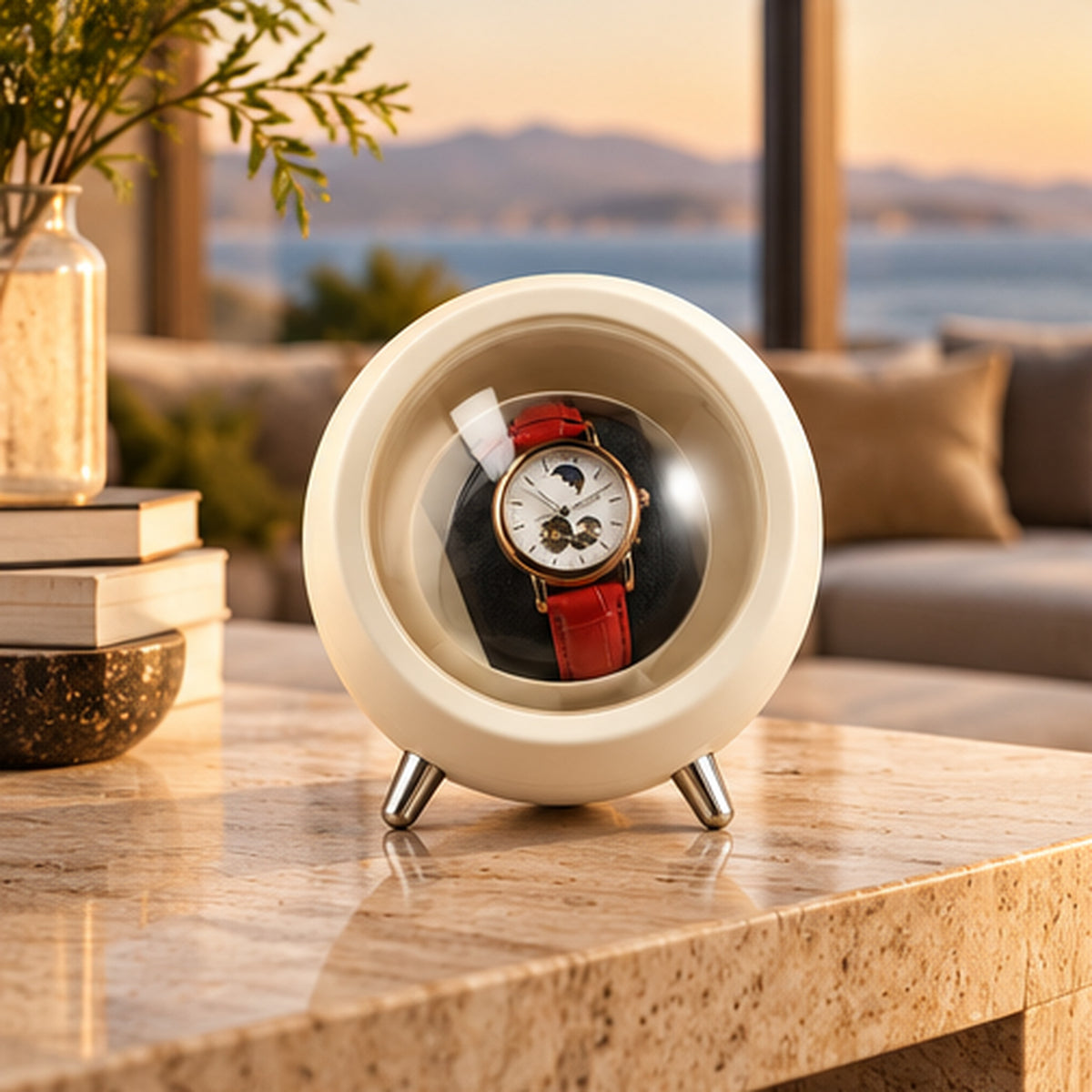 Remontoir Montre Automatique 1 Place – Design Rond – sphère blanche posée sur un meuble dans un salon