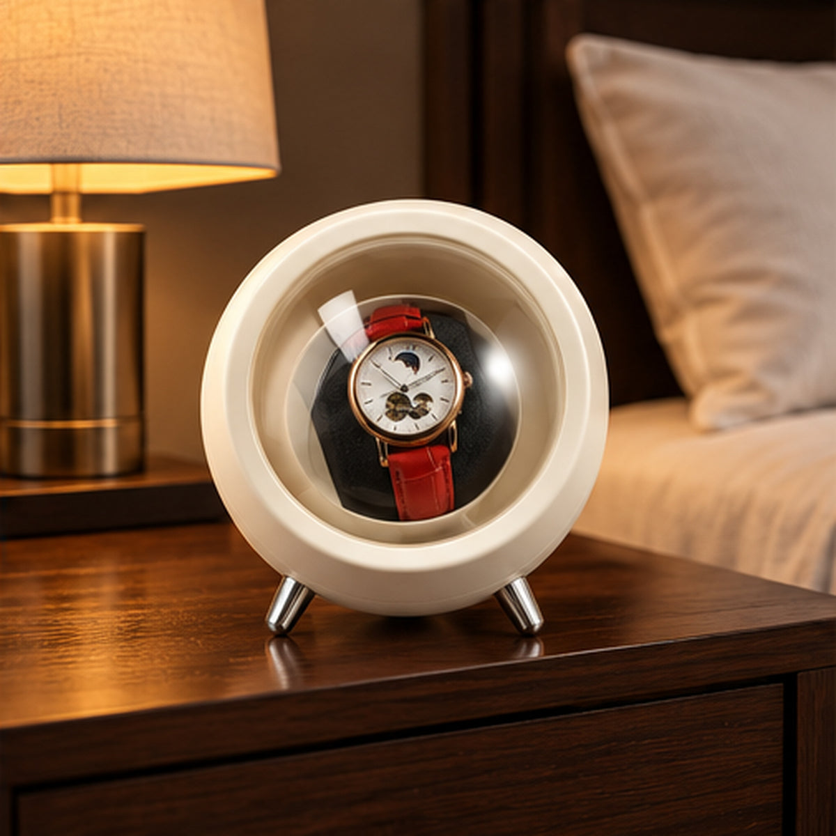 Remontoir Montre Automatique 1 Place – Design Rond – sphère blanche posée sur un meuble près d'une lampe