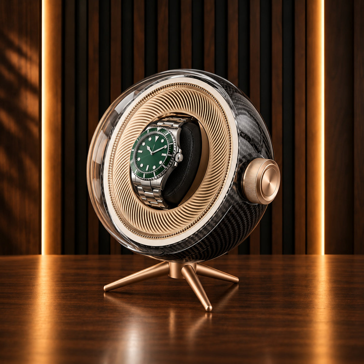 Remontoir sphère 1 place carbone – vue produit sur fond studio