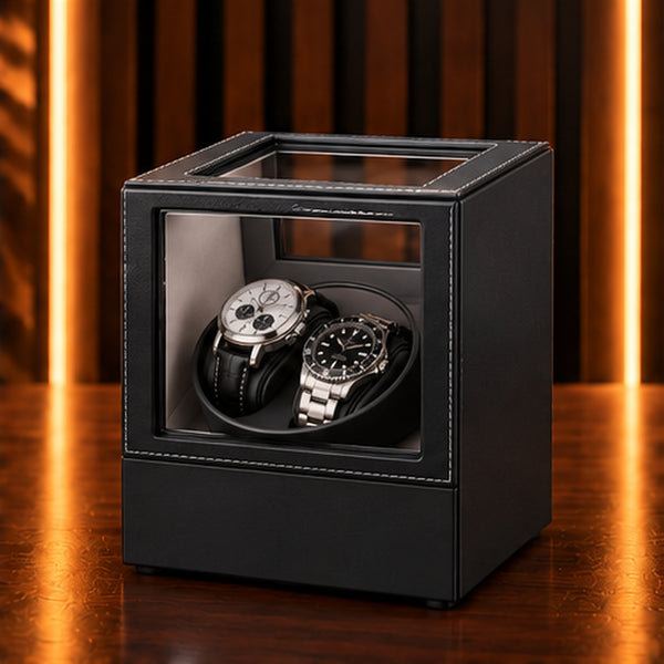 Remontoir Montre Automatique 2 Places – Cuir Noir – couvercle fermé, deux montres visibles à travers la façade vitrée