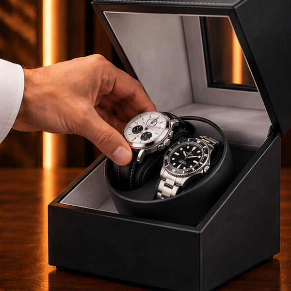 Remontoir Montre Automatique 2 Places – Cuir Noir – main déposant un chronographe sur le coussin double