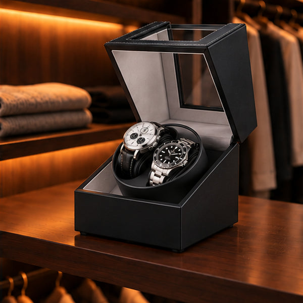Remontoir Montre Automatique 2 Places – Cuir Noir – écrin ouvert sur une étagère de dressing
