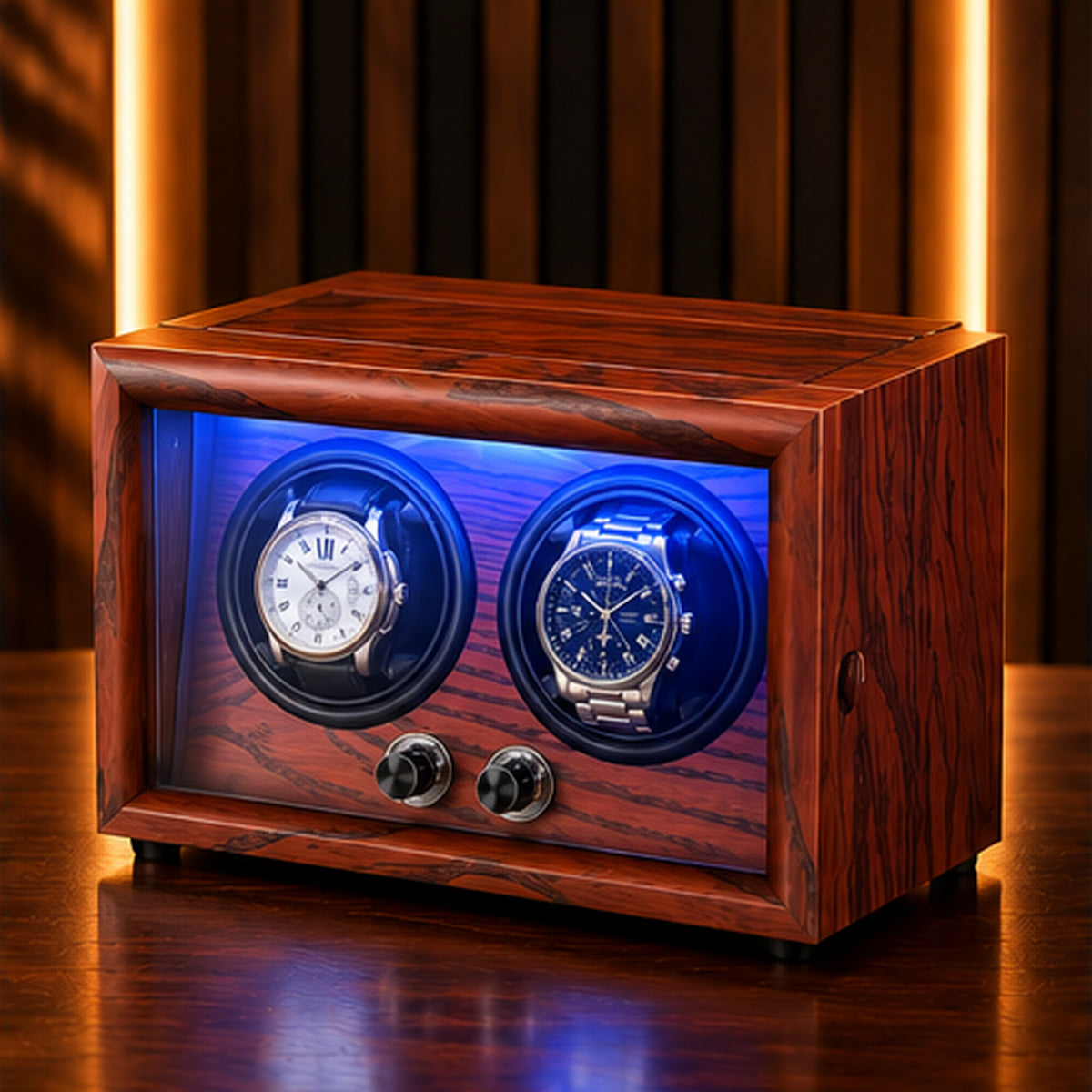 Remontoir Montre Automatique 2 Places – Bois & LED – vue de trois quarts du coffret en bois laqué