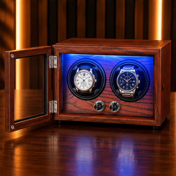 Remontoir Montre Automatique 2 Places – Bois & LED – porte vitrée ouverte, deux boutons de réglage visibles