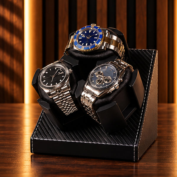 Remontoir Montre Automatique 3 Montres – Cuir Carbone – support incliné en cuir effet carbone avec trois montres