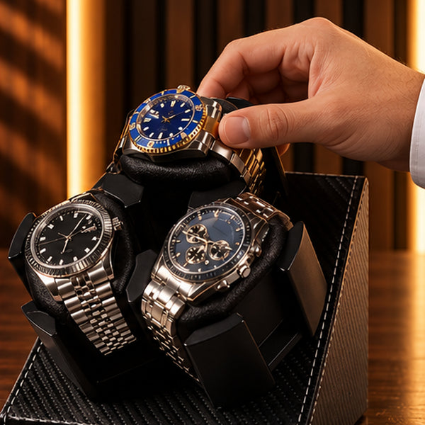 Remontoir Montre Automatique 3 Montres – Cuir Carbone – main installant une montre sur le coussin supérieur