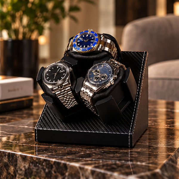 Remontoir Montre Automatique 3 Montres – Cuir Carbone – posé sur un plan en marbre dans un salon