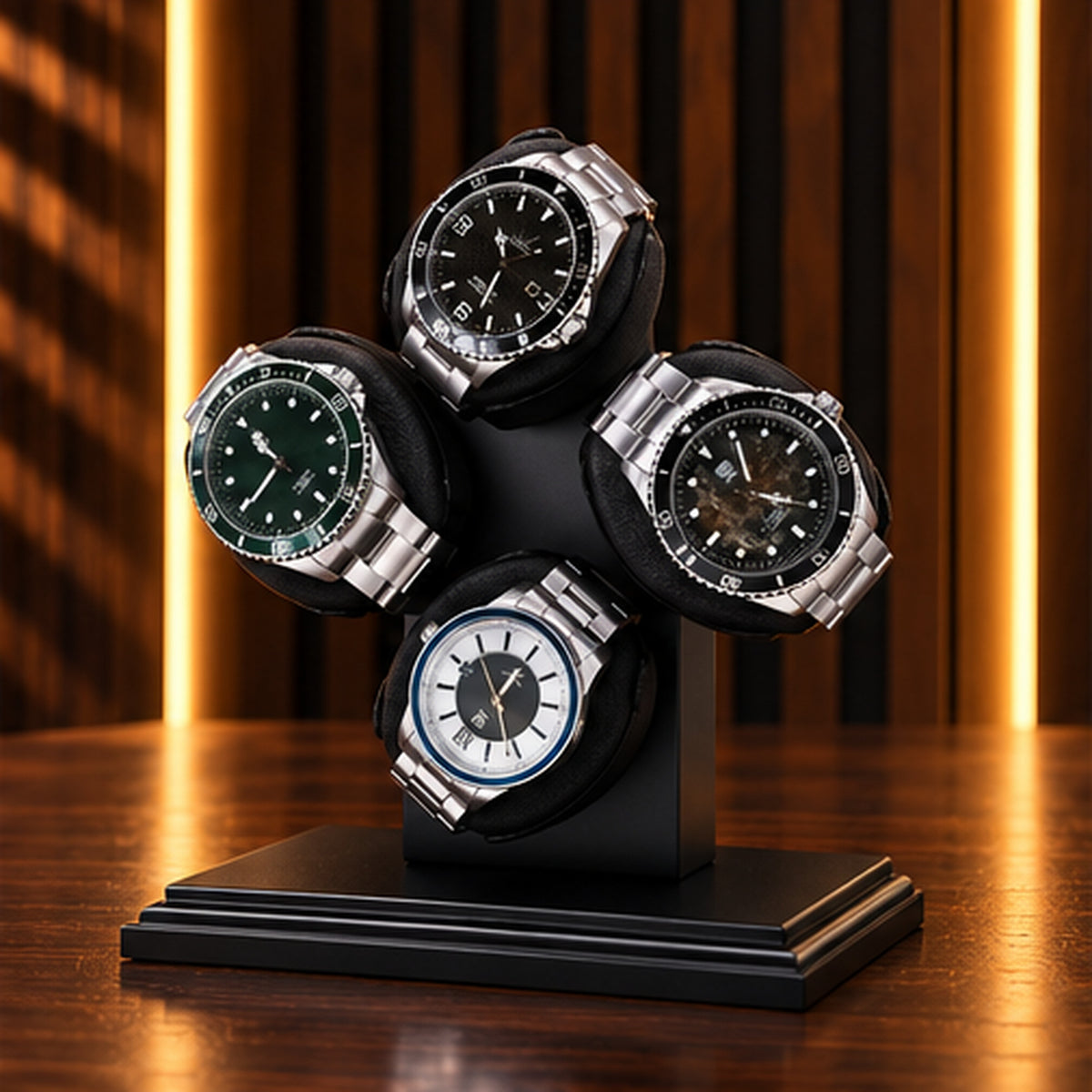 Remontoir Montre Automatique 4 Montres – Présentoir Rotatif – vue de trois quarts du présentoir et de ses quatre coussins