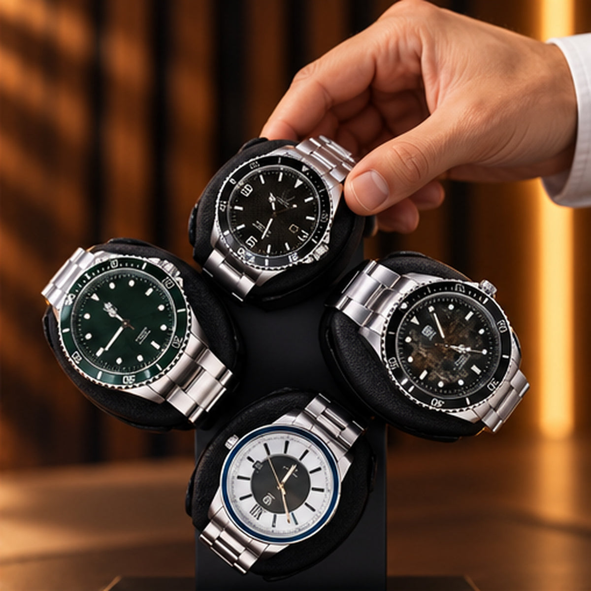 Remontoir Montre Automatique 4 Montres – Présentoir Rotatif – main installant une montre sur le coussin supérieur