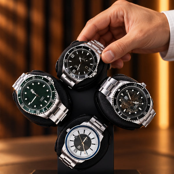 Remontoir Montre Automatique 4 Montres – Présentoir Rotatif – main installant une montre sur le coussin supérieur