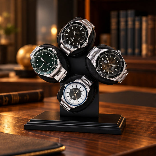 Remontoir Montre Automatique 4 Montres – Présentoir Rotatif – posé sur un bureau devant une bibliothèque