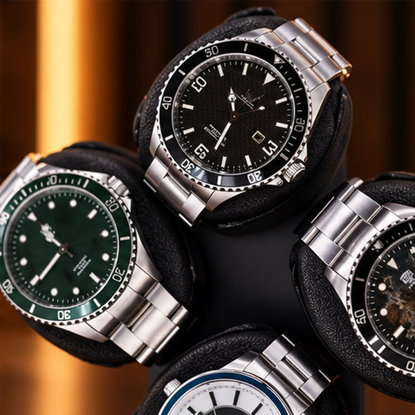 Remontoir Montre Automatique 4 Montres – Présentoir Rotatif – gros plan sur les montres et les coussins en cuir noir
