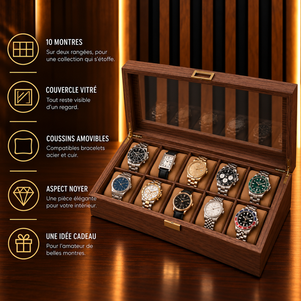 Boîte à montres 10 emplacements aspect noyer – caractéristiques : deux rangées, couvercle vitré, coussins amovibles – Complications Paris