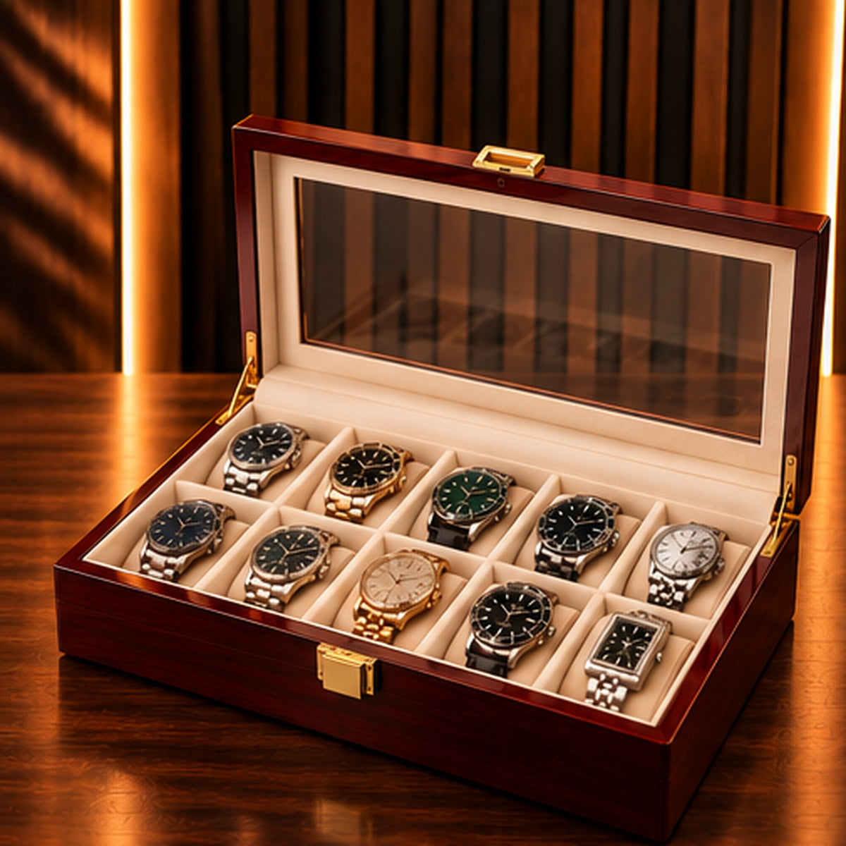Boîte à montres 10 emplacements en bois laqué bordeaux – couvercle transparent ouvert, montres sur coussins