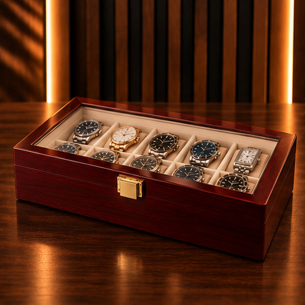 Boîte à montres 10 emplacements en bois laqué bordeaux – couvercle fermé