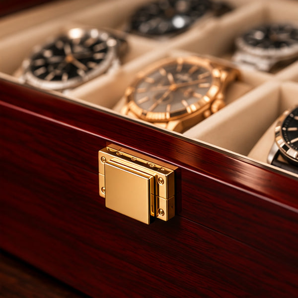 Boîte à montres 10 emplacements en bois laqué bordeaux – détail du fermoir
