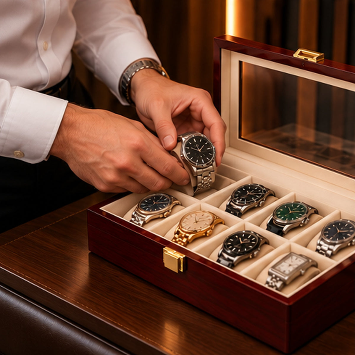 Boîte à montres 10 emplacements en bois laqué bordeaux – posée sur un meuble, mise en situation