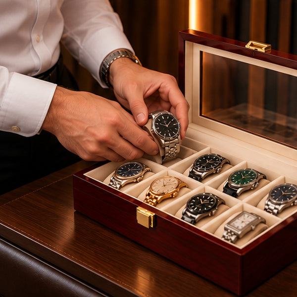 Boîte à montres 10 emplacements en bois laqué bordeaux – posée sur un meuble, mise en situation