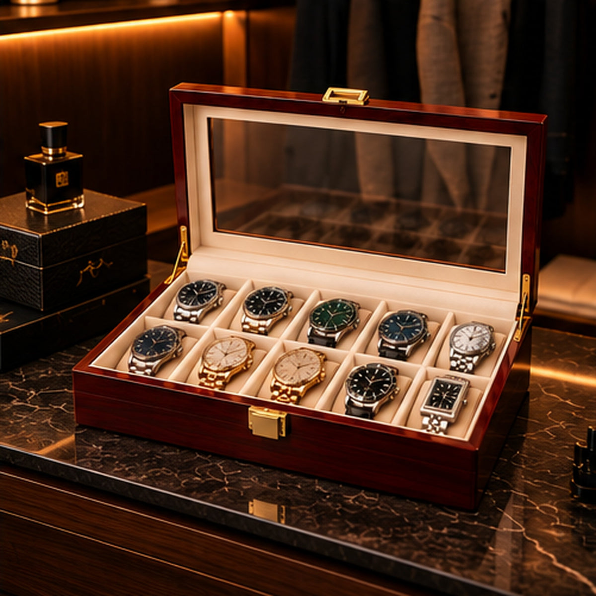 Boîte à montres 10 emplacements en bois laqué bordeaux – mise en situation dans un intérieur