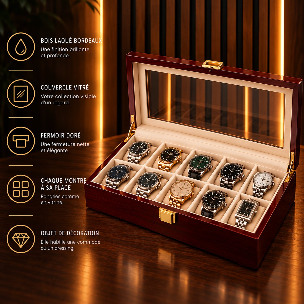 Boîte à montres 10 emplacements laqué bordeaux – caractéristiques : deux rangées de cinq, bois laqué brillant, fermoir doré – Complications Paris