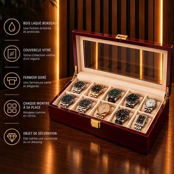Boîte à montres 10 emplacements laqué bordeaux – caractéristiques : deux rangées de cinq, bois laqué brillant, fermoir doré – Complications Paris