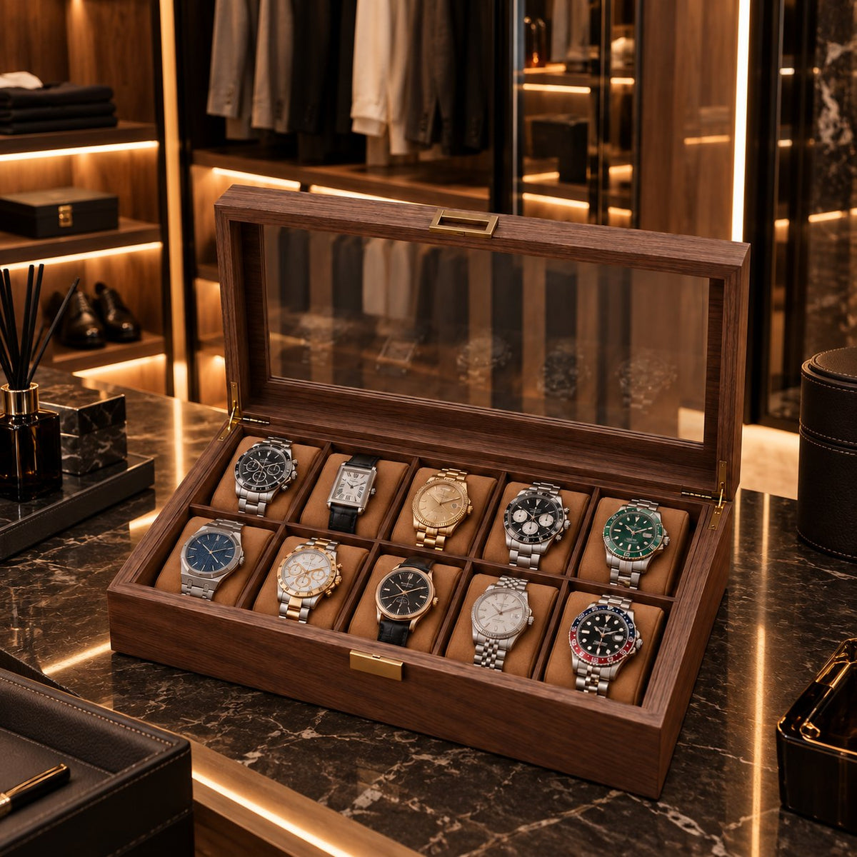 Boîte à montres 10 emplacements ouverte dans un dressing aux étagères rétroéclairées – Complications Paris