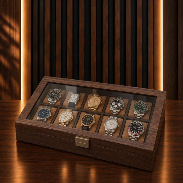 Boîte à montres 10 emplacements revêtement grain de noyer, couvercle vitré fermé, fermoir laiton – Complications Paris