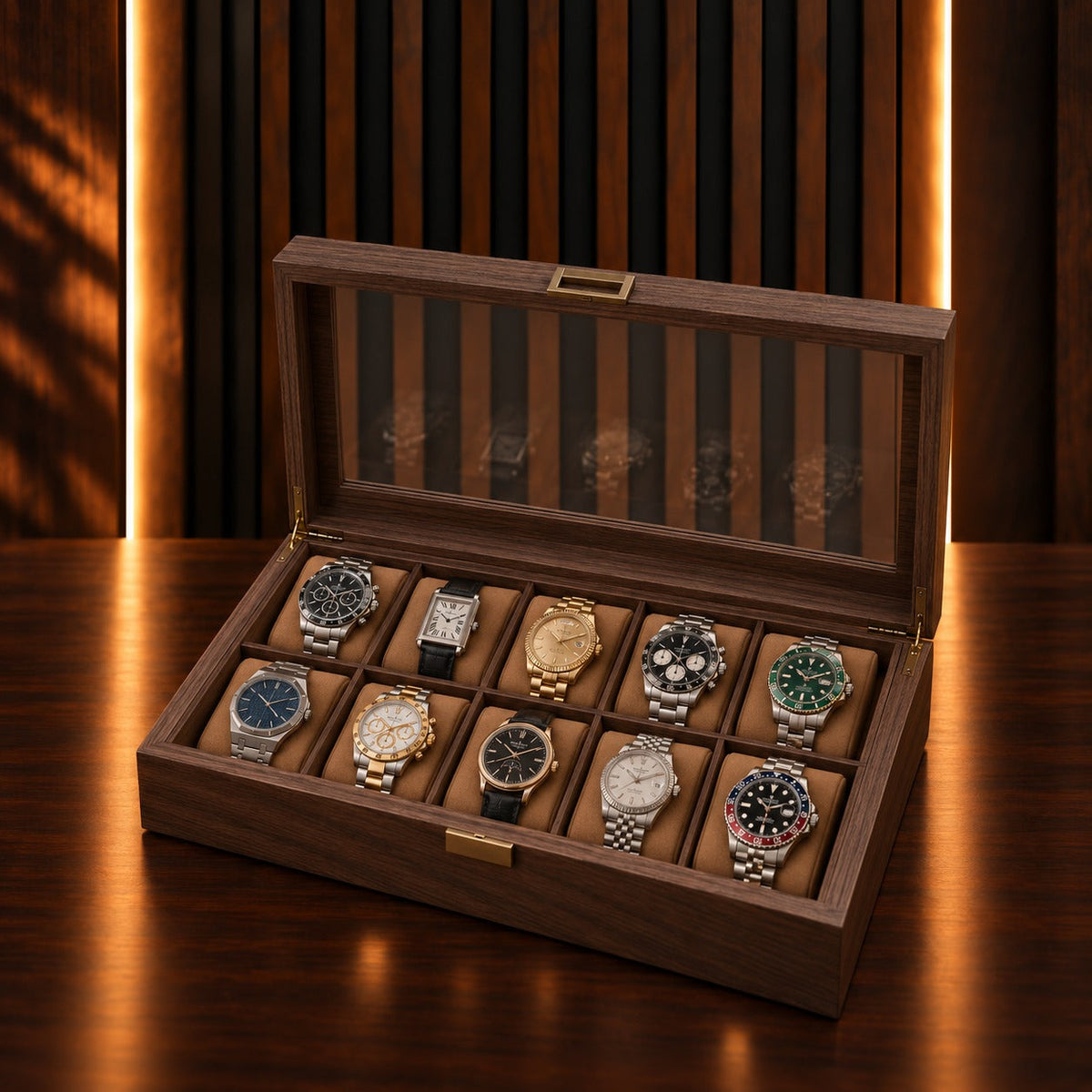 Boîte à montres 10 emplacements revêtement grain de noyer, couvercle vitré ouvert, coussins amovibles – Complications Paris