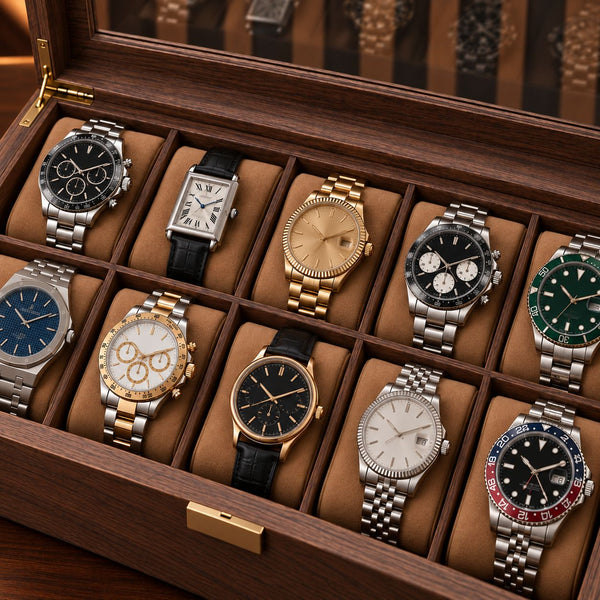 Boîte à montres 10 emplacements, gros plan sur les coussins et les montres installées – Complications Paris
