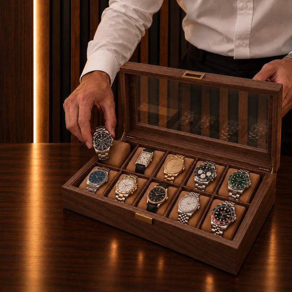 Main déposant une montre automatique sur le coussin d'une boîte à montres 10 emplacements – Complications Paris